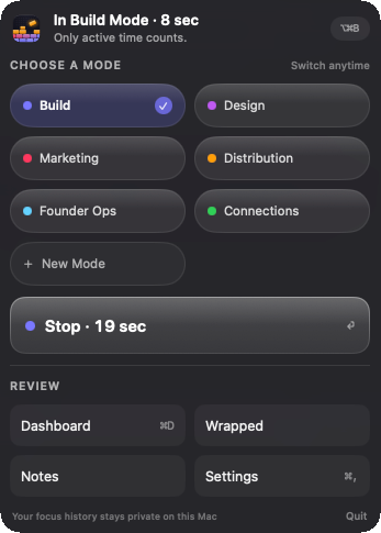 Build Mode menu bar popover showing the active session timer, mode picker, and stop button